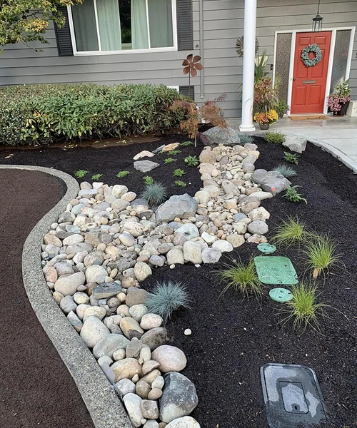 Irrigation systems, concrete curbs, plant design, and landscape rocks with grass seed in Fircrest 